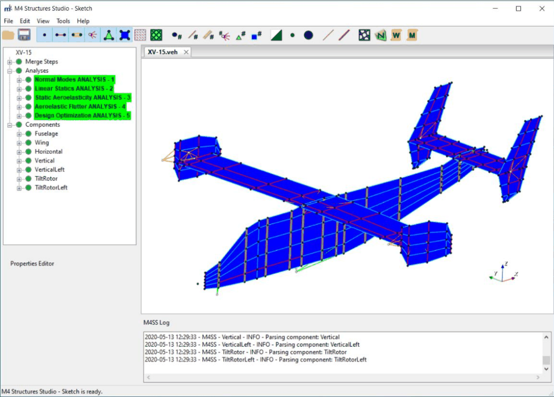 M4 Structures Studio showing a parametric structural model of the XV-15 tiltrotor: fuselage, wing, horizontal and vertical tails and tiltrotor components in the model tree, with the shaded finite element mesh in the viewport.