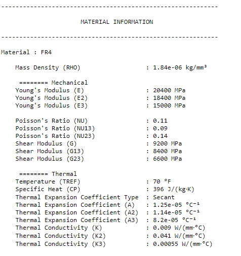 Orthotropic material properties for the FR4 circuit board